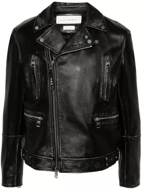 Cheap Alexander McQueen zipped leather biker jacket Men 0120